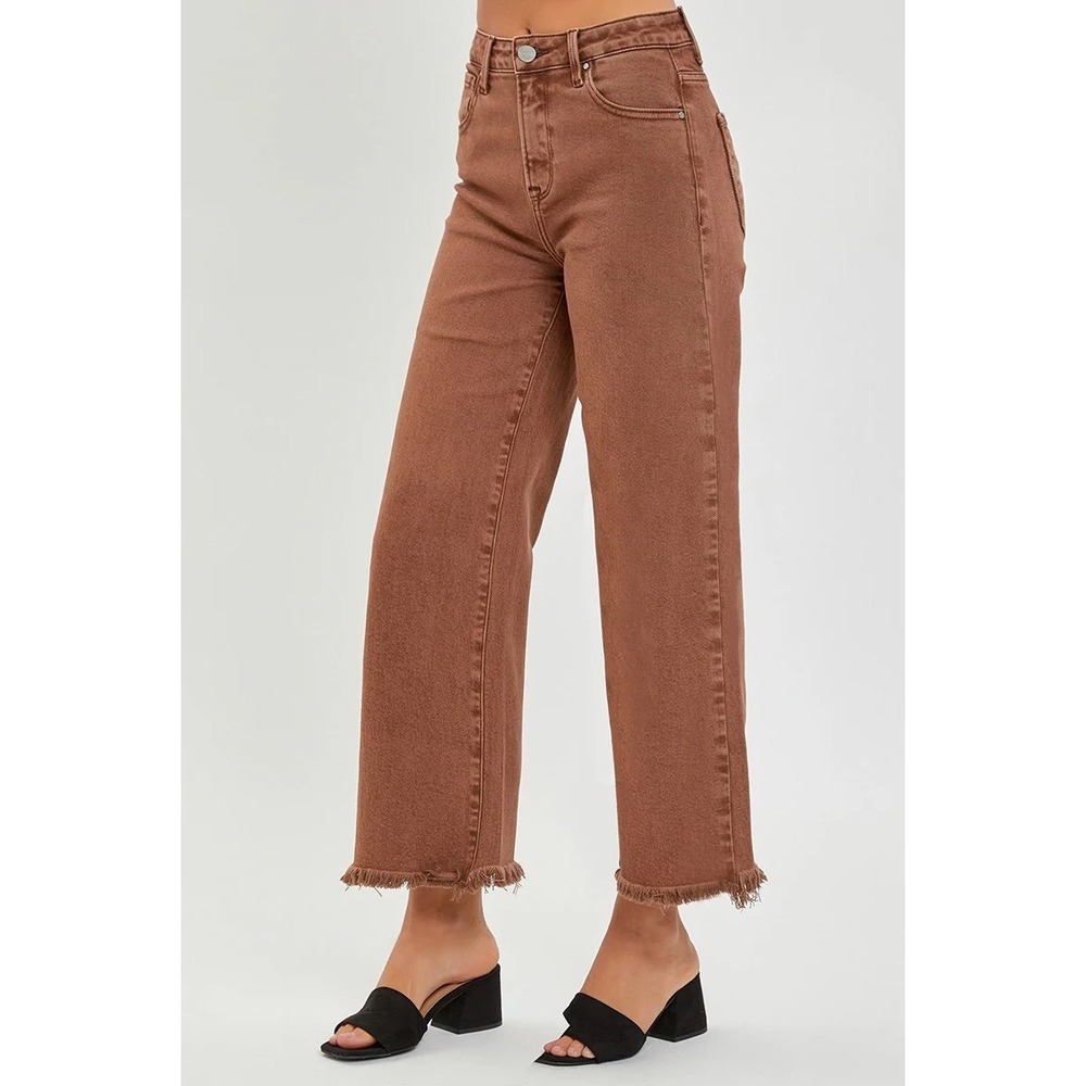 Risen High Rise Tummy Control Jeans Brown Wide Leg Raw Hem Denim Pants Size 0/24